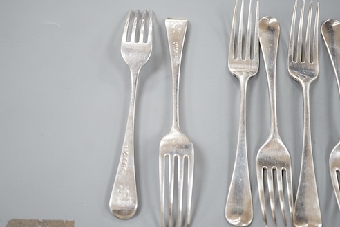 A set of nine George III silver Hanovarian pattern table forks, Eley & Fearn, London, 1804, 17oz.